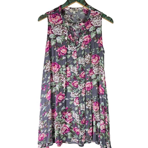 Umgee USA Women's Sleeveless Floral Crepe Keyhole Pleated Front Tent Dress, Sz S - Picture 1 of 8